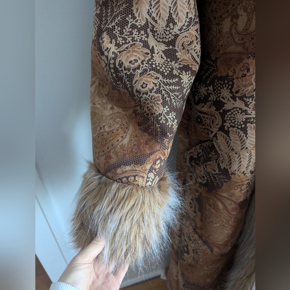 90s Does 70s VTG Penny Lane Trench Coat Afghan Paisley Print Faux Fur Trim 18 - Picture 11 of 16